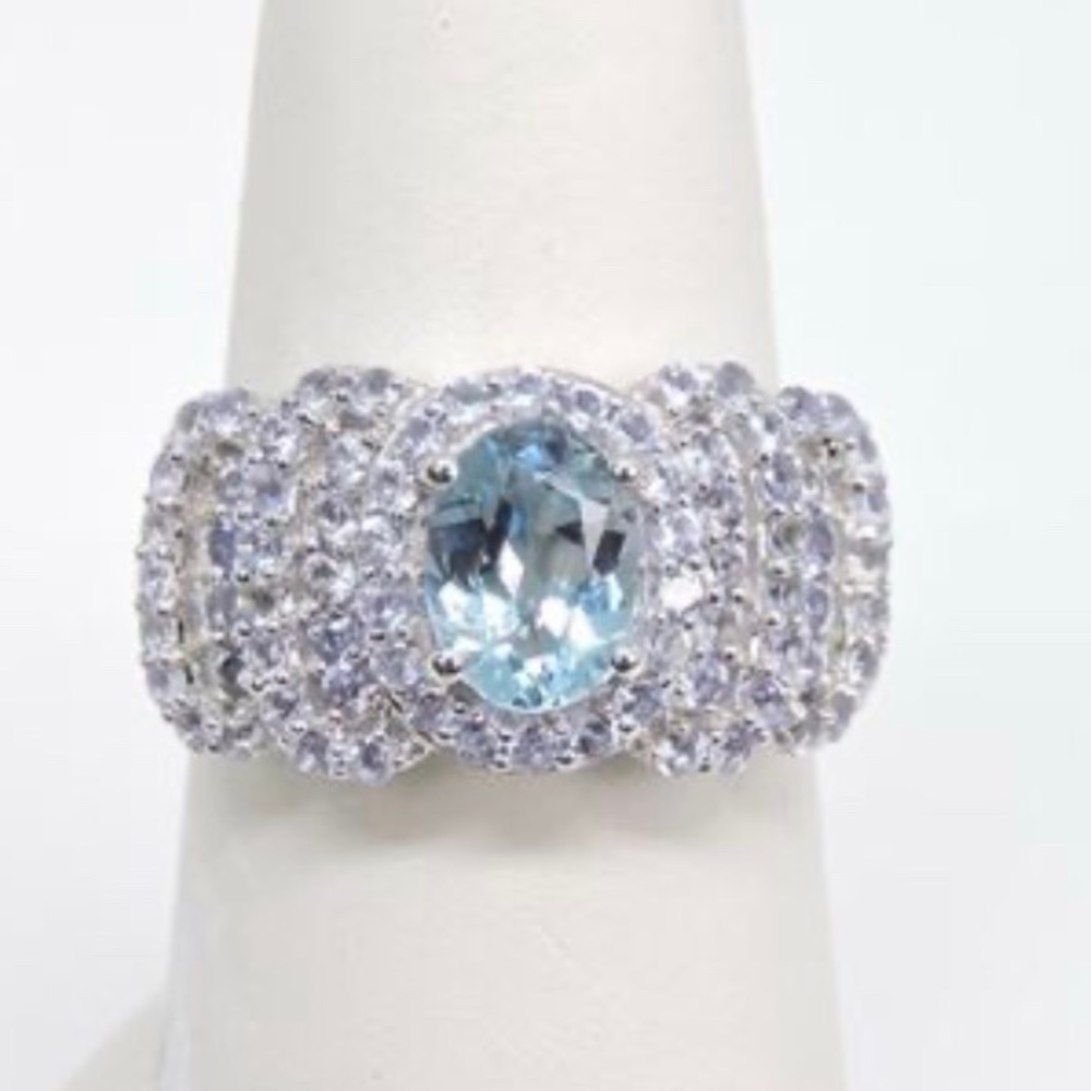925 Silver Ring: Genuine Blue Topaz & Tanzanites